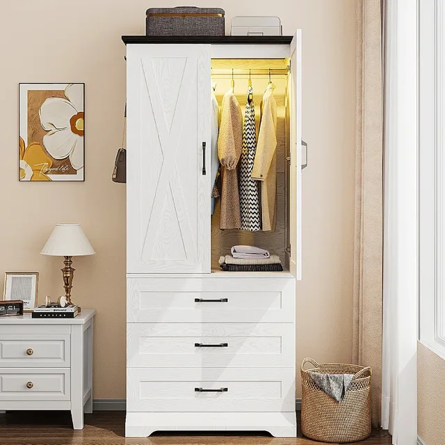 Armoire avec éclairage à détecteur et 3 tiroirs, placard de chambre en bois avec 2 portes et tringle de suspension 1
