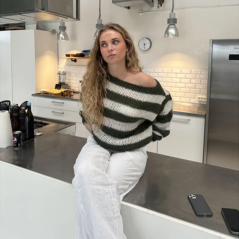 Knit Sweater Pullover Female Striped Hollow Out Loose Contrast Long Sleeve Patchwork Autumn Knitwear Women's Sweater