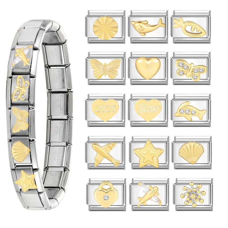Gold Color Heart Fish Italian Charm Bracelet Link Diy Fashion Stainless Steel Retro Module Bracelets Accessories Jewelry Gifts charm bracelet,stainless steel bracelet