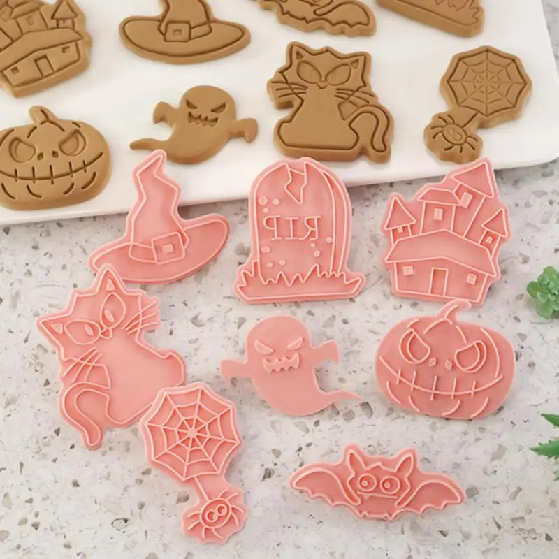 Cookie Cutters Set Cartoon Owl Castle Pumpkin Witch Vampire Skull Pressable Stamp Biscuit Mold Halloween Decoration