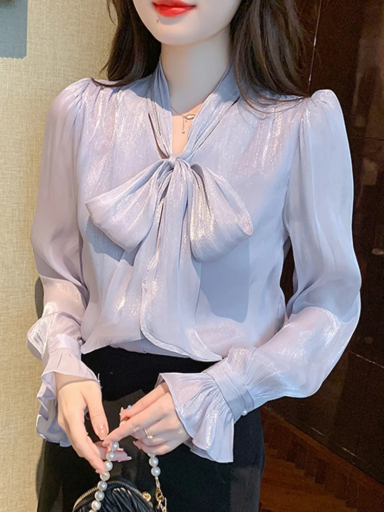 Long Sleeve Blouse Women Blusas Mujer De Moda 2023 Casual Bow Collar Purple Chiffon  Blouse Shirt Women Tops Blouses Shirts G353 - AliExpress