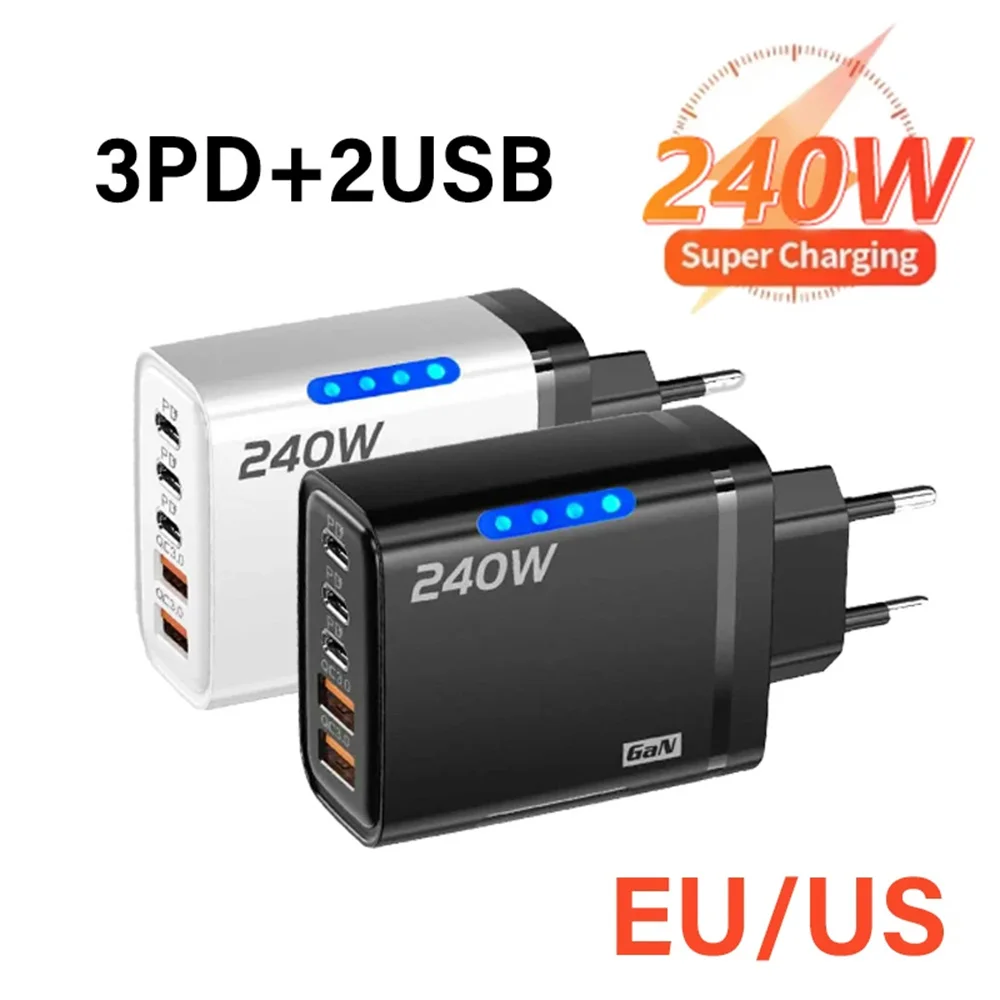 240 W 5 in 1 USB C Ladegerät GaN Schnelle Lade Telefon Ladegerät Power Adapter Für iPhone Samsung Xiaomi Typ C EU/Us-stecker Wand Ladegerät