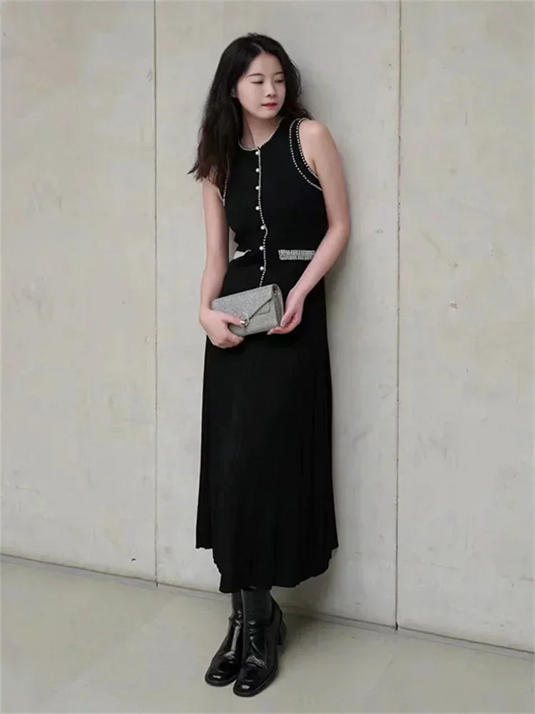 

Женское трикотажное платье с жемчугом, женское трикотажное облегающее черное платье миди без рукавов с круглым вырезом, весна-лето 2024