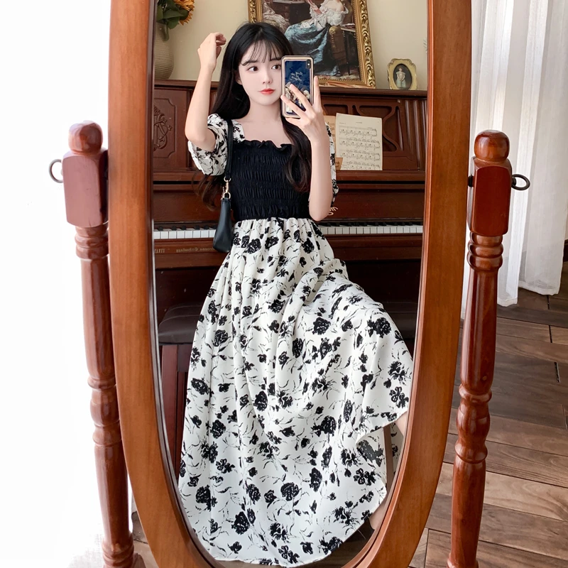 

Vintage Korean Chic Streetwear Dress Women Summer French Print Long Dresses Female Elegant Casual Fashion Dresses Ladies
