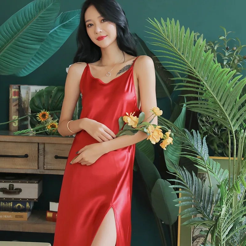 

Летняя Новинка, женское шелковое атласное платье, однотонное женское сексуальное платье с ремнем, женское свободное повседневное ночное белье, одежда для сна, домашняя одежда