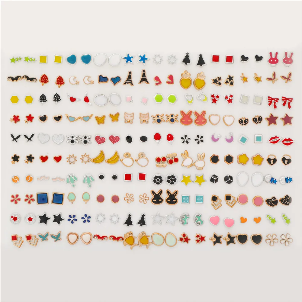 100 Pair/Lot Small Mini Stud Earring Set For Girl Love Star Animal Geometric Random Female Wedding Party Ear Jewelry Accessories 5