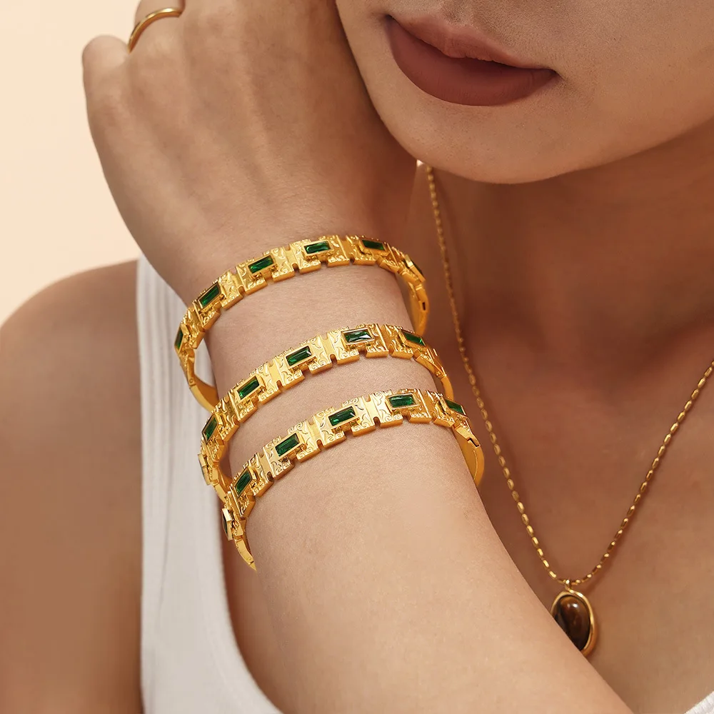 Palace Stainless Steel Bracelets For Women Shiny Green Glass Stones Designer Charm Bangle Gold Plated Waterproof Jewelry Gift