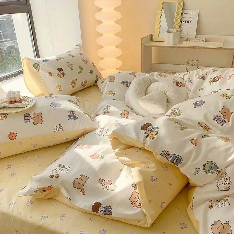 Ins Cute Pink Bedding Set Bed Sheet Set Polyester Flat Bed Sheet Pillowcases Cute Kawaii Home Textile For Girls Kids Bed Linen