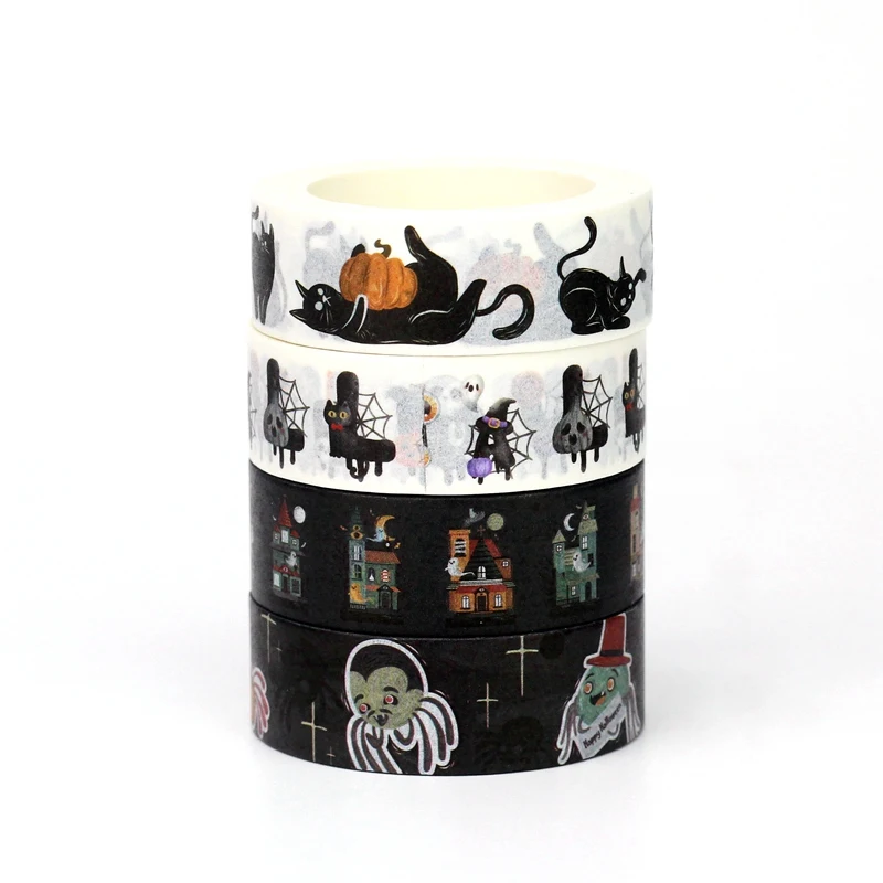 2024 NEW 1pc 10M Deco Bat Skull Black Cat Haunted House Halloween Masking Washi Tape for Scrapbooking Cute Journal Stationery 3