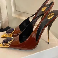 Sandales à talons hauts en cuir verni pour femmes, élégantes, rétro, bout pointu, bouche peu profonde, pierres précieuses, nouvelle collection 1