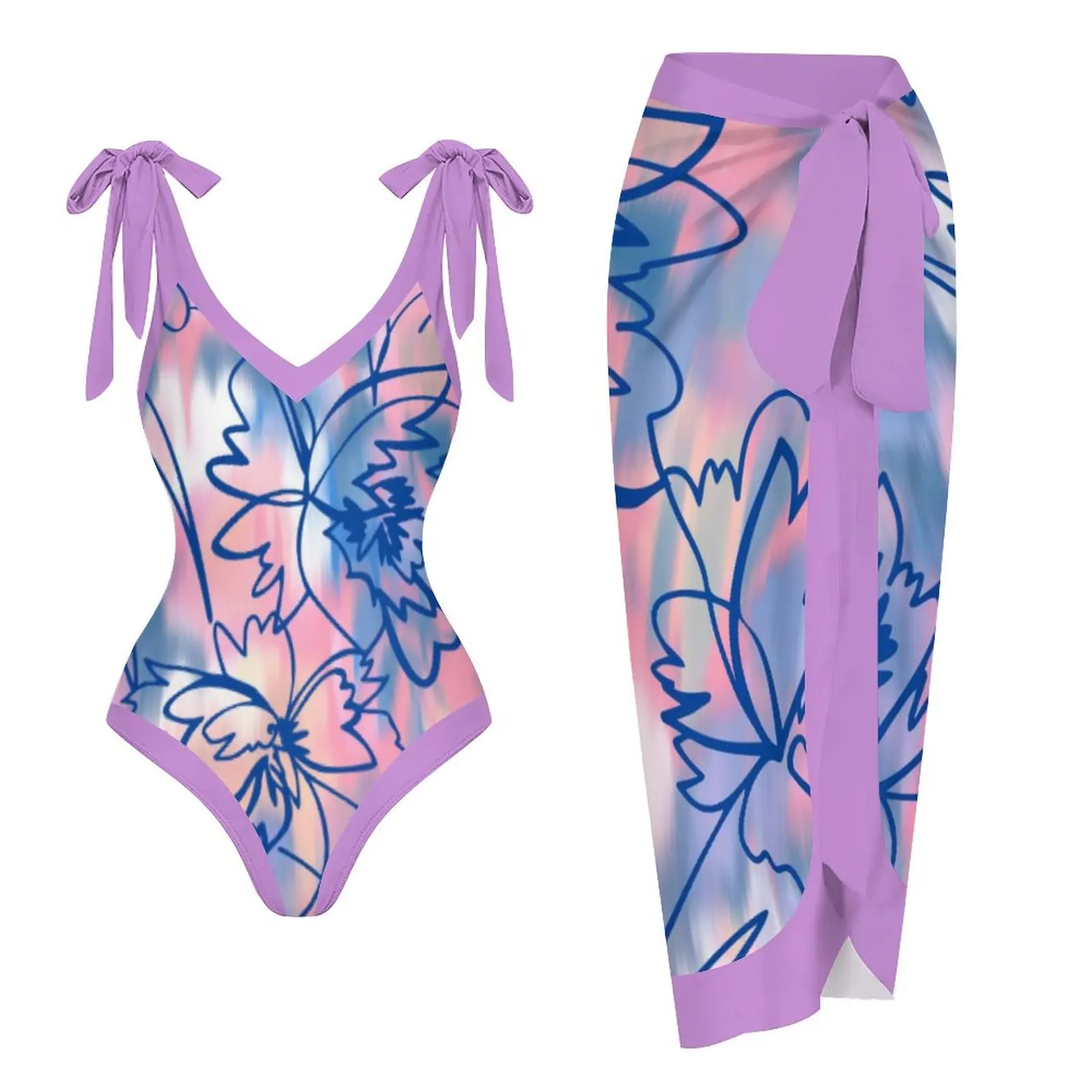 2023 Fashion Laser Flower Print Swimsuit Sexy Beach Swimsuit Fashion Sleeveless Beach Swimsuit Bow Tie Blouse with Long Dresses