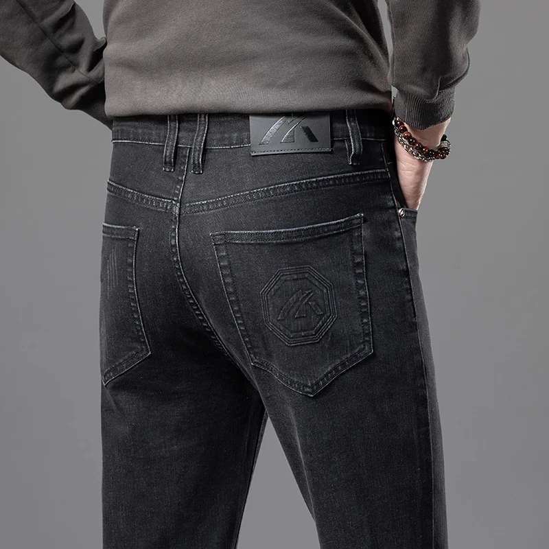 

Spring Autumn 2023 New Men's Slim Straight Jeans Elastic Business Denim Trousers Fashion Embossed Male Pants Brand Black Blue