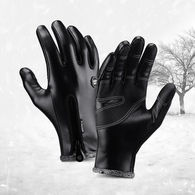 Winter Cycling Gloves PU Warm Windproof Touchscreen Sport Skiing Snowboard Nonslip Zipper Snowmobile Motorbike Gloves Men Black