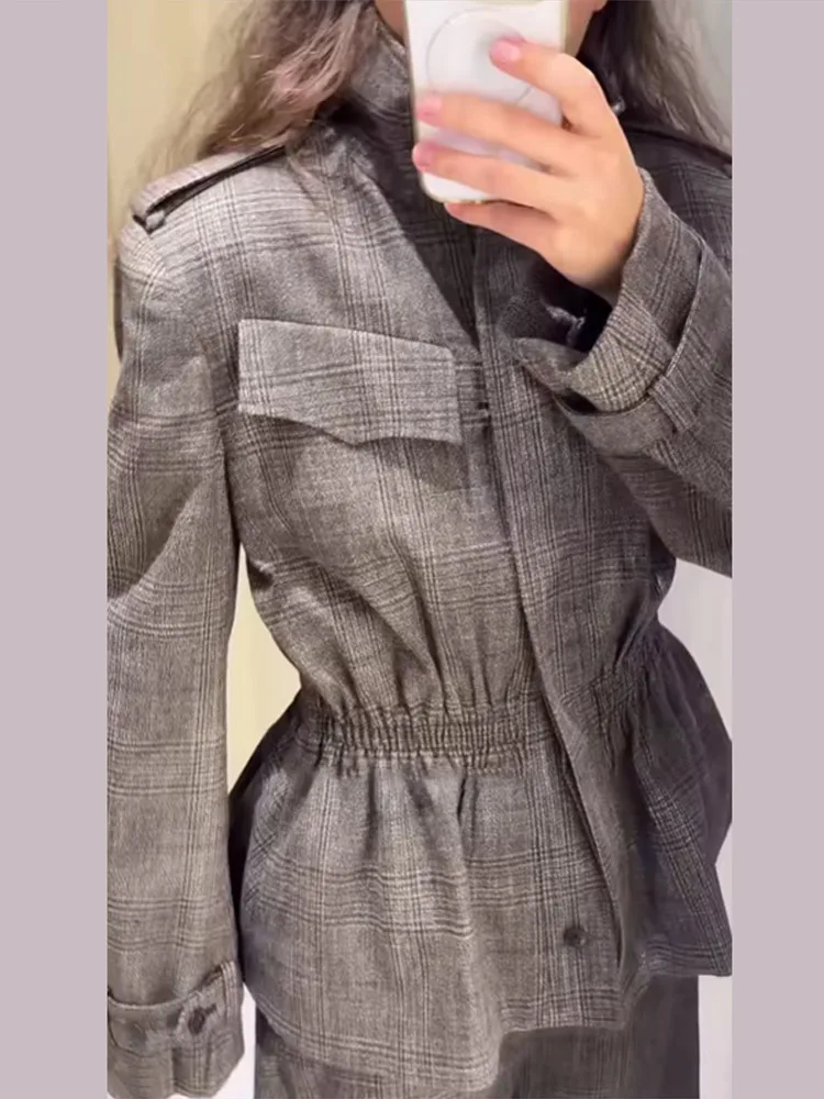 Rüschen Plaid Bomber Jacke Hosen Anzüge Frauen Elegante Revers Langarm Taille Cinching Mäntel Hohe Taille Hose Chic Damen Sets – Detail 28