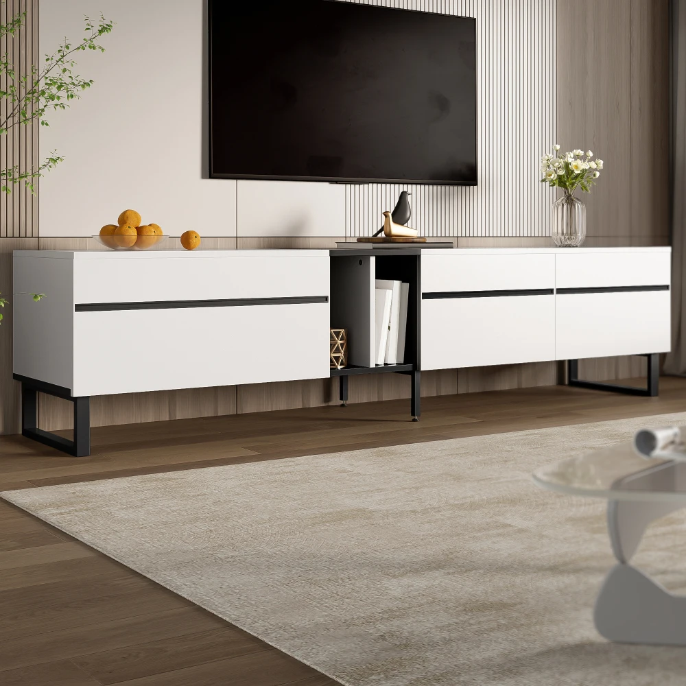 PINGGO 180 cm Modernes Weißes TV-Lowboard mit Klappfach, Offenen Regalen & Doppeltüren, Minimalistisches Design TV-Schrank – Detail 6