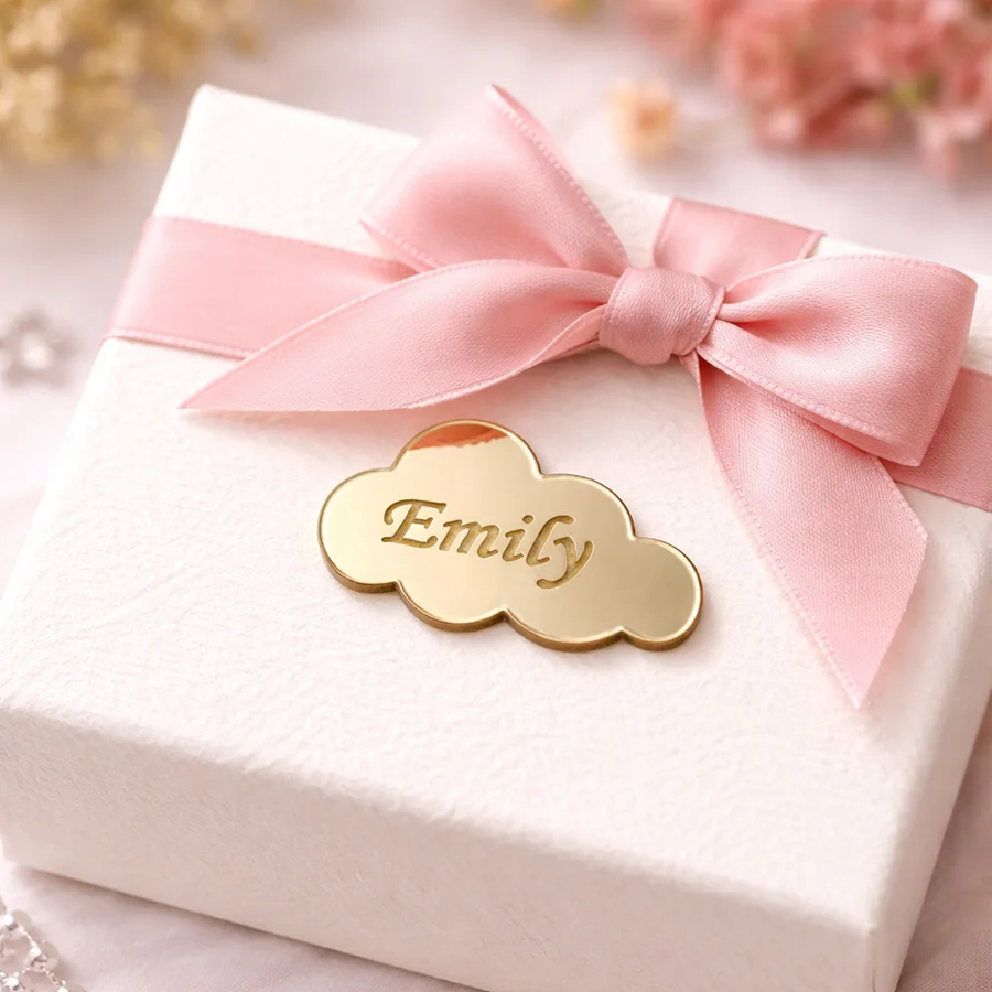 Personalisierter Wolken-Namens-Acrylspiegel-Aufkleber, Individuelles Babyparty-Namensschild, Gold-Spiegel Partydekoration 3cm 5cm