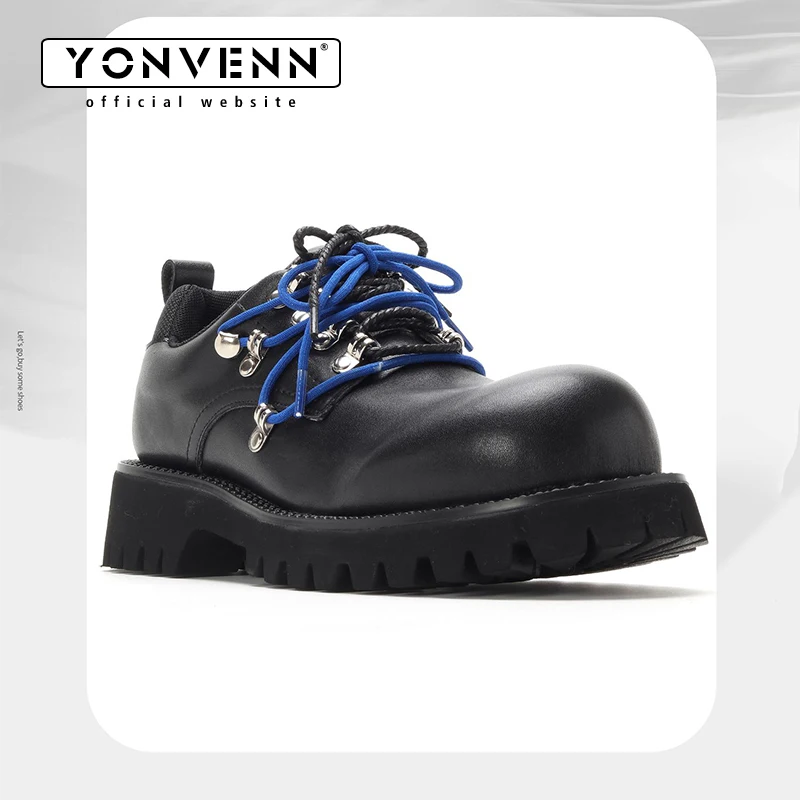 YONWENN Original Work Leather Shoes for Men's Fashion Double Lace Design Official Website Color blocked Big Head Formal Shoes