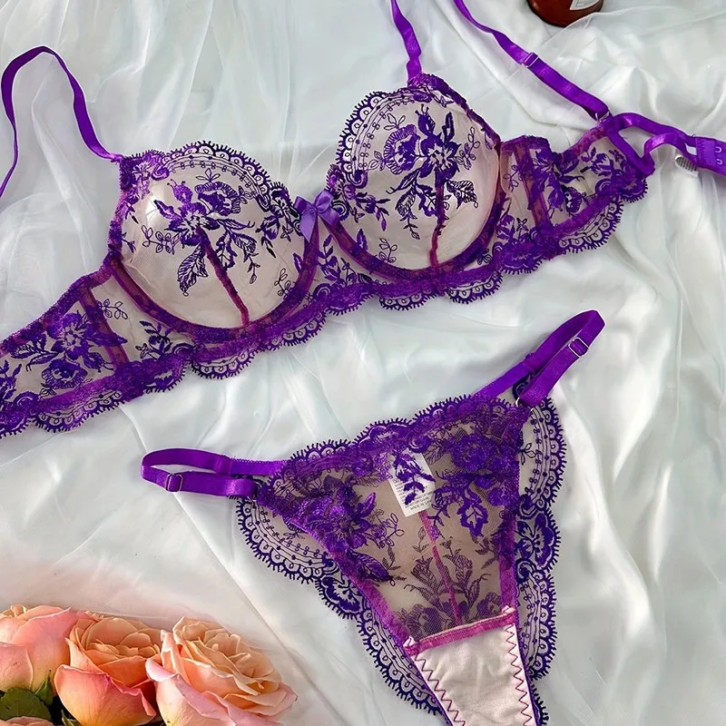Ensemble soutien-gorge ultra fin brodé en dentelle, lingerie de nuit transparente en maille pour femmes à forte poitrine S-XL, push-up, vente chaude 2026, ensemble soutien-gorge 32-38 S-XL