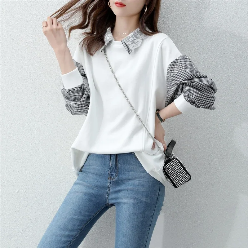 Women Turn Collar Simple Patchwork Sweatshirt 2024 Autumn Loose Lapel Stitched Casual Long Sleeve Pullover Female Stylish Tops