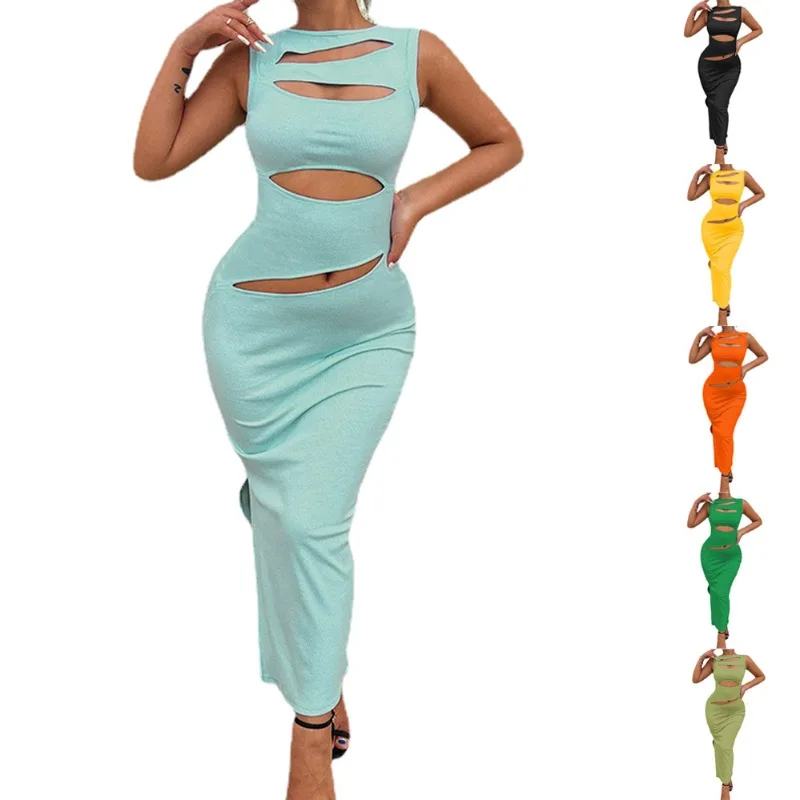 

Dress Women's 2023 New Solid Color Sexy Hollow Out Irregular Open Back Sleeveless Knitted Dress Vestidos De Mujer Bodycon Dress