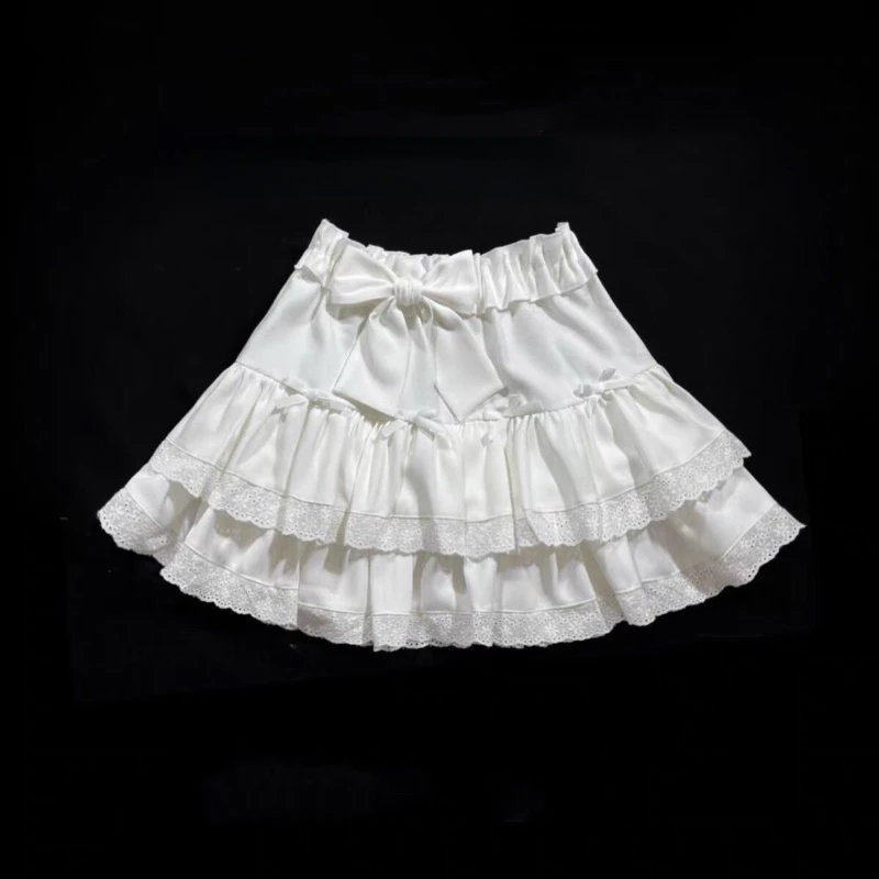 Summer Sweet Bow Lolita Cake Skirts Womens Kawai Lace Ruffles Pleated Skirt Girl Japan Elegant High Waist A-Line Y2k Short Skirt 2