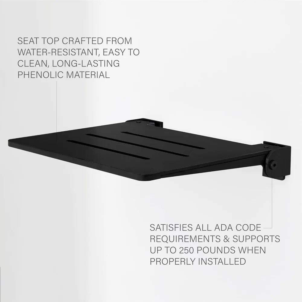 18 Inch Silhouette Slimline Folding Wall Mount Shower Bench Seat, Matte Black Seat with Matte Black Frame Waterproof and Durable 2