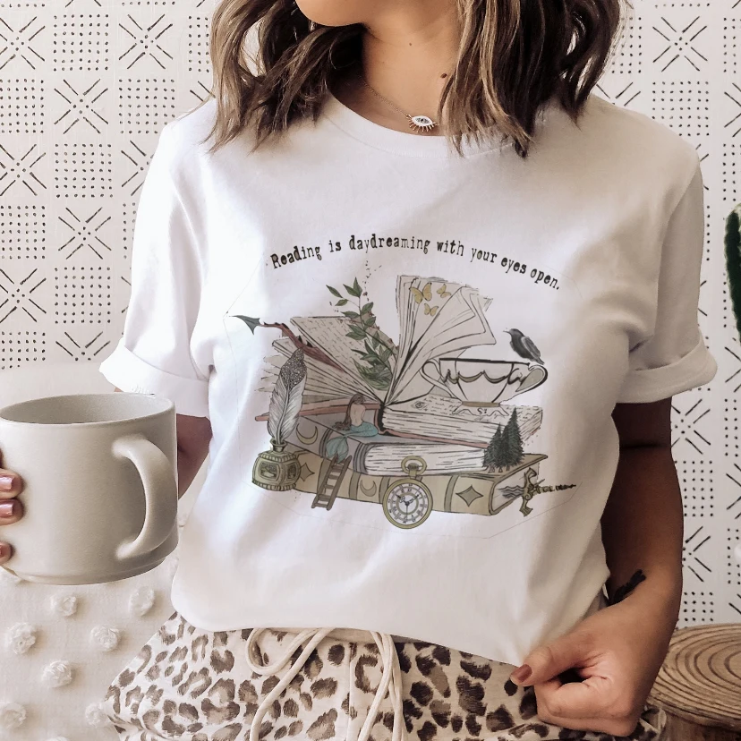 

Women Top Clothes Books Tshirt Flowers Lovely Cute Female Casual Lady Fashion Aesthetic Summer Short Sleeve Graphic T-Shirt