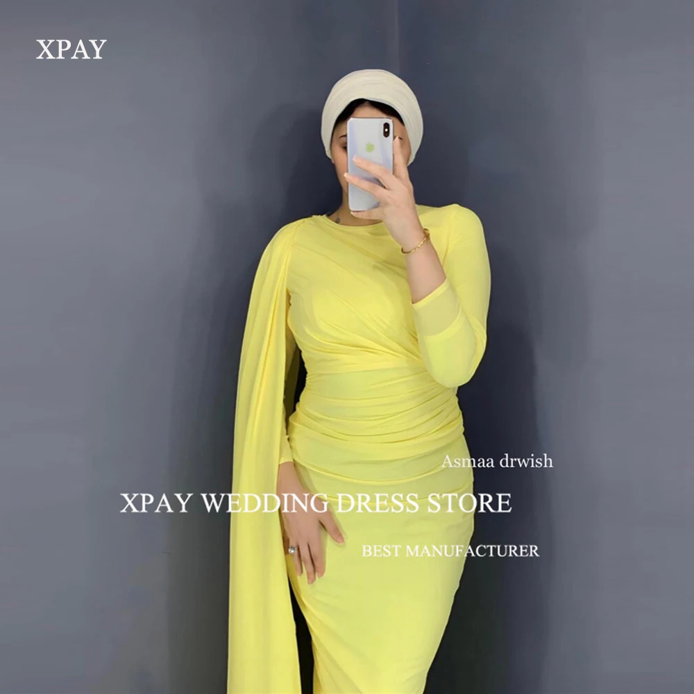 

XPAY Simple Yellow Msulim Arabic Women Evening Dresses Long Sleeves O-Neck Pleats Mermaid Formal Party Prom Gowns Plus Size