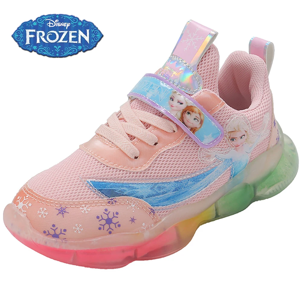 Disney Kids LED Lighted Casual Sneakers For Girls Frozen Elsa Princess Print Sports Shoes Children
