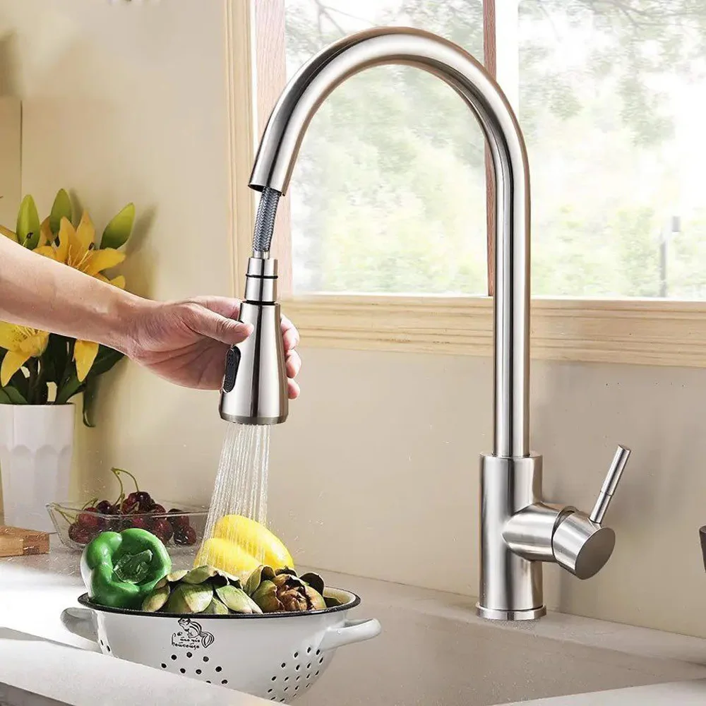 Flexible  Brushed Nickel Kitchen Faucet Pull Out Nozzle Kitchen Sink Mixer Tap Stream Sprayer Head Deck Black Hot Cold Water Ta