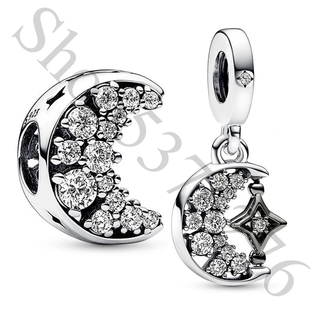 

Authentic 925 Sterling Silver Bead Sparkling Crescent Moon Star Dangle Charm Fit Pandora Women Bracelet Bangle Gift DIY Jewelry