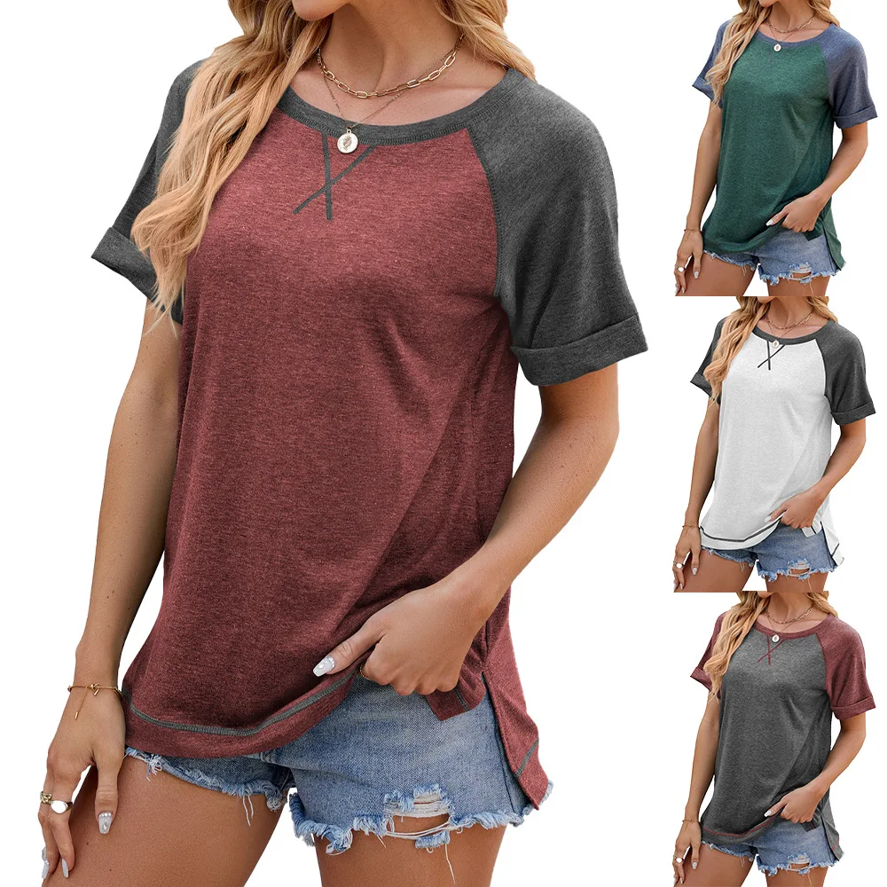 

Casual Women's Contrasting Crewneck Loose Short-sleeved T-shirt Top