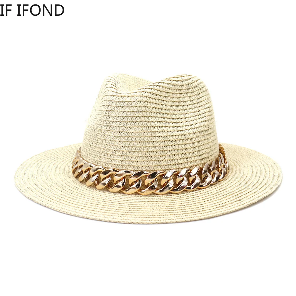 Fashion Gold Chain Belt Panama Straw Hats For Women Summer Breathable Beach Sun Hats Elegant Ladies Party Jazz Hat 2