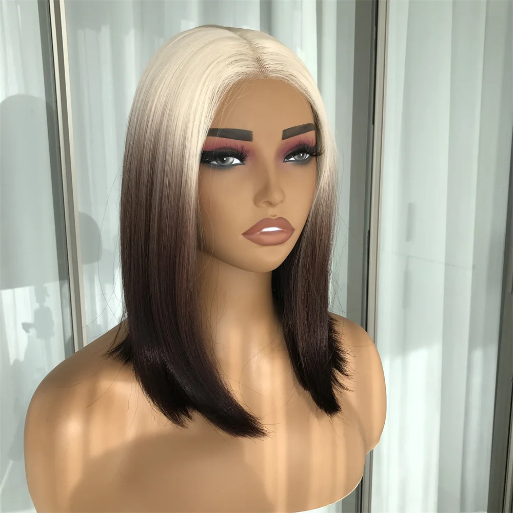 Blond to Brown Short Bob Wear and Go Glueless Wig Synthetic Lace Wigs for Women Pre Cut Pre Plucked 14inch for Daily Use