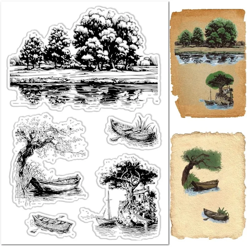 1Sheet Natural Scenery Clear Stamp For Card Making Trees Lake Background Rubber Stamps Reusable Transparent Silicone Decorative