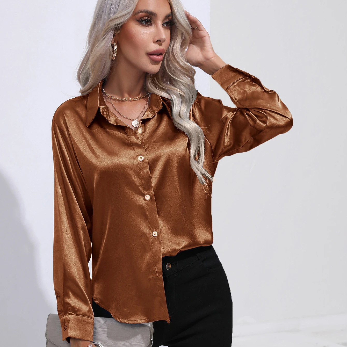Retro Trend Office Lady Casual Basic Shirt Autumn All-Match Elegant Satin Shirt Loose Top Multi-Color Dance Party Women Shirt