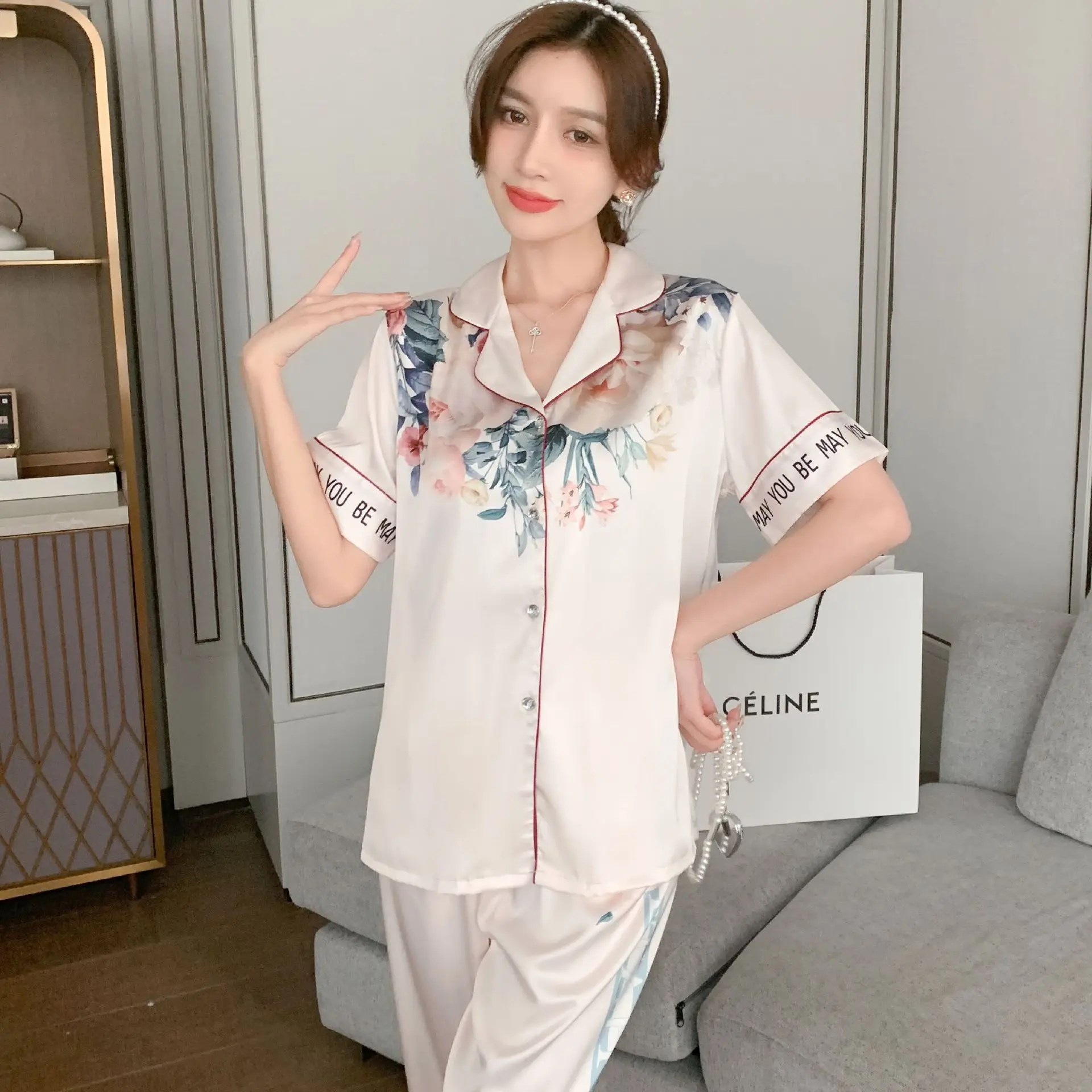 Women's summer ice silk cool feeling pajamas short sleeved cardigan printed two-piece set new home clothing