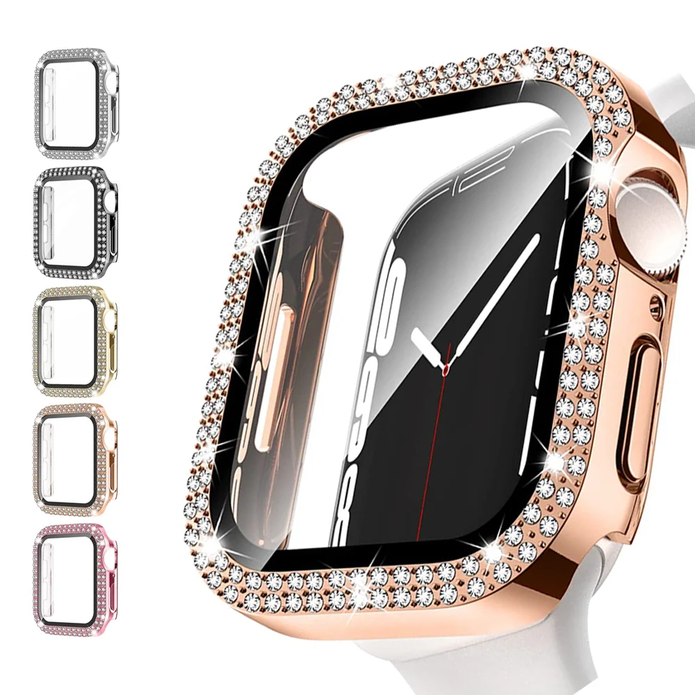 

Бриллиантовая Крышка для часов Apple Watch Φ 45 мм 41 мм 44 мм 40 мм 42 мм 38 мм, шикарный бампер, защита экрана, стекло iWatch