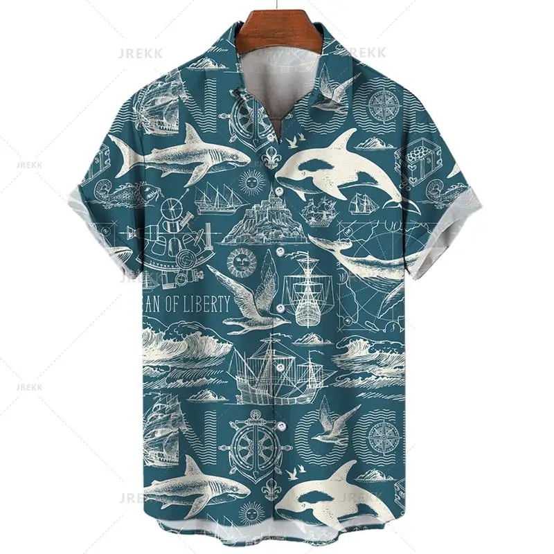 thumbnail image 1 of Camisa hawaiana retro unisex para hombre, camisa de talla grande, camisa retro con estampado 3D de velero y brújula marina, camisetas holgadas de manga corta para hombre, 1 of 5