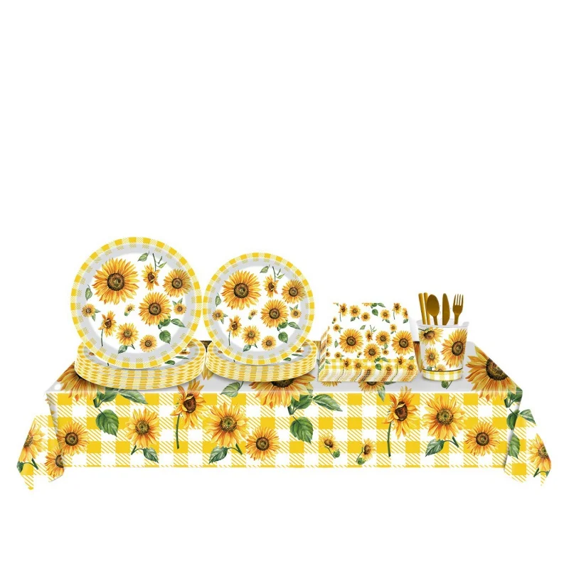 

Sunflower Theme Party Disposable Paper Tray Tissue Paper Cup Tablecloth Hanging Flag Set Birthday Supplies