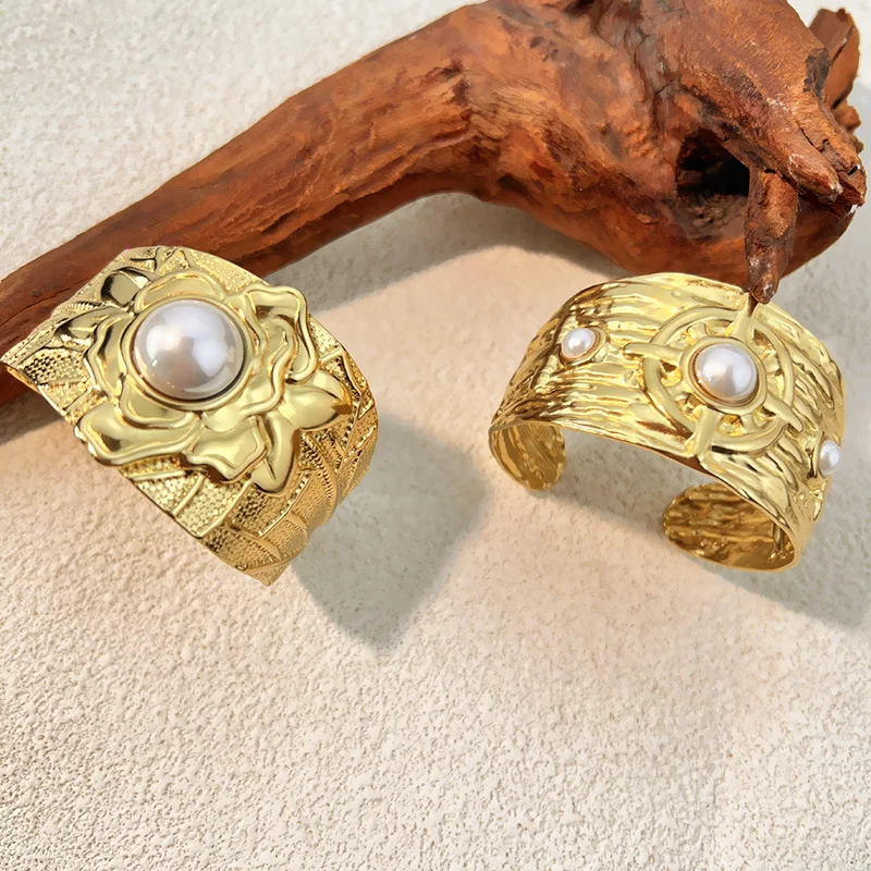 Elegant Imitation Pearl Stacking Wide Bangle Exaggerated Stainless Steel PVD Irregular Open Cuff Armband Bracelets Party Jewelry