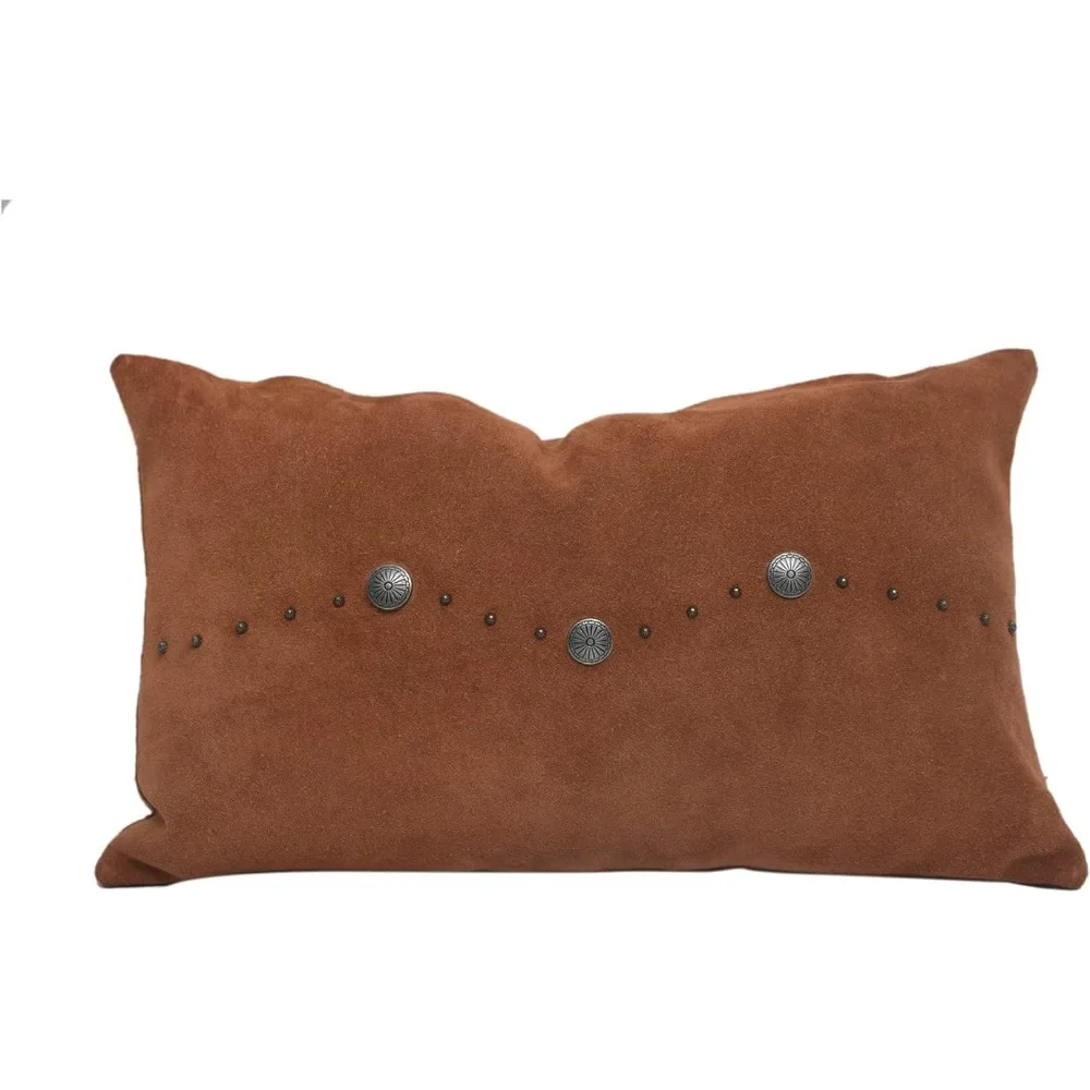 

Cute sofa pillows, solid tobacco, anime body, western suede, antique silver conch and studded leather lumbar pillow
