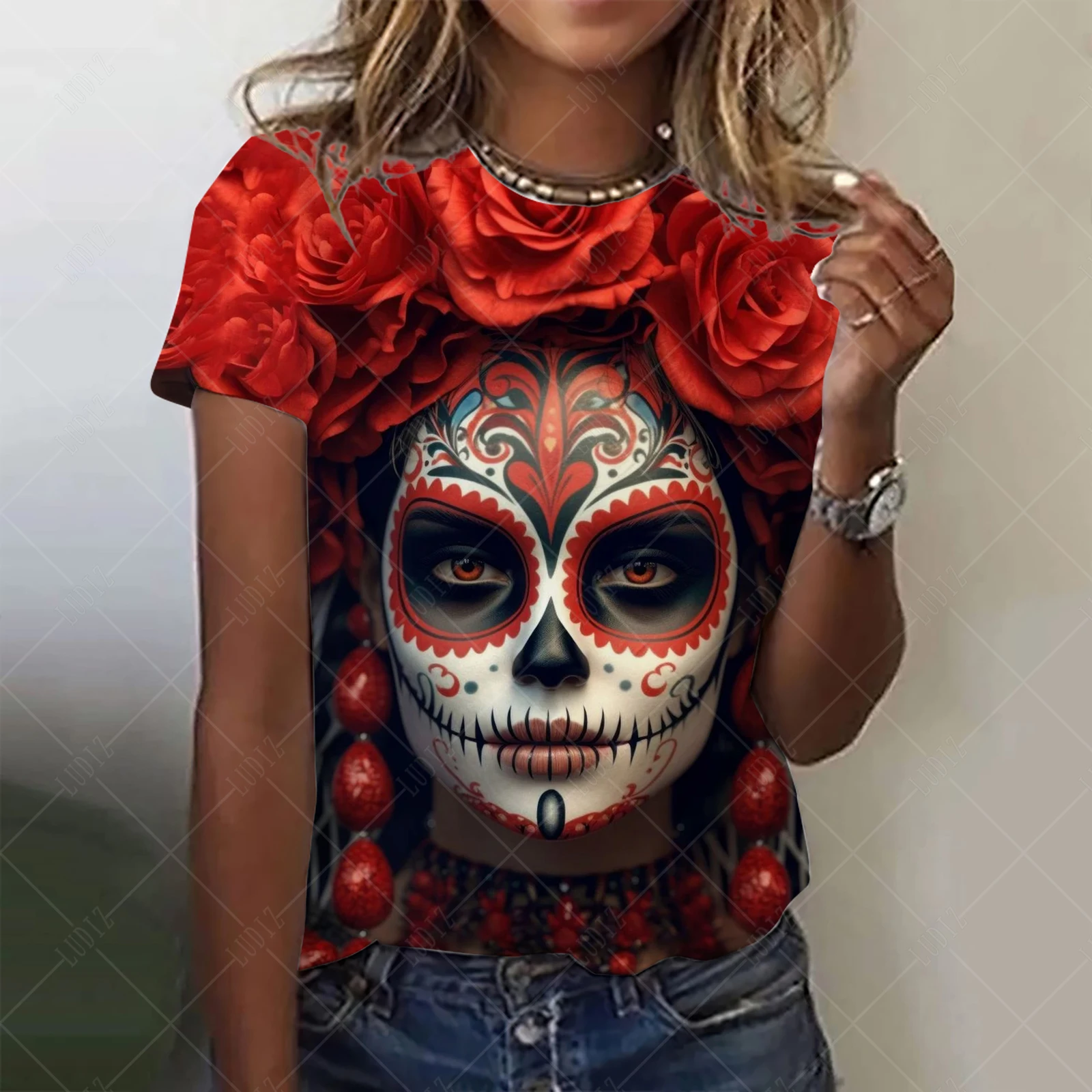 

Women's T-shirt for Girls Summer Short Sleeve Fashion Casual Sexy Girls Clothes Horror Undead Skull Pattern oversized T-shirts