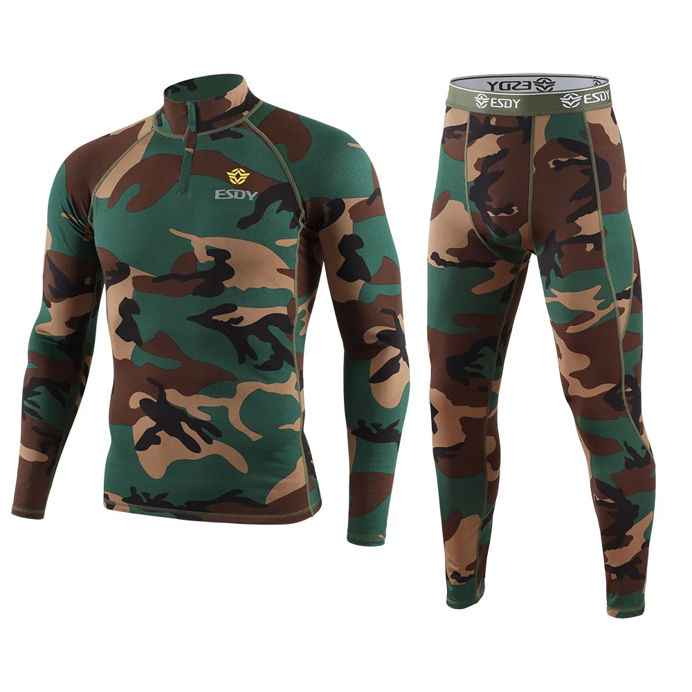 Set Tattico Militare da Uomo in Tessuto Mimetico, Maglia a Compressione a Maniche Lunghe e Pantaloni in Pile, Abbigliamento Termico per Ciclismo e Sport all'Aperto - immagine 3