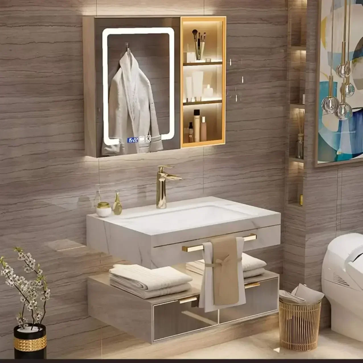 Modern Slate With Smart Mirror Ceramic Double Washbasin Bathroom Vanity Cabinets Under Sink Bathroom Furniture New