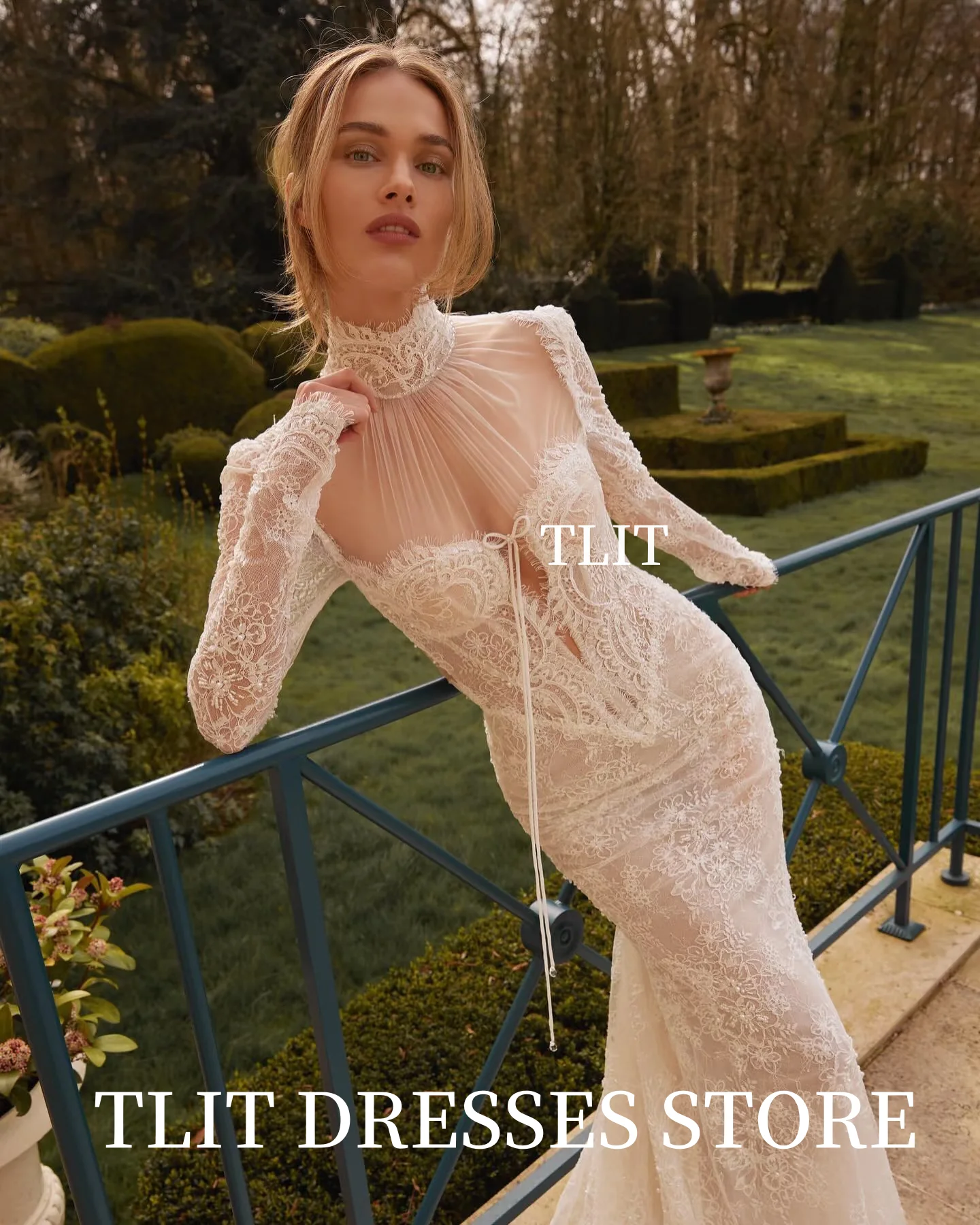 TLIT Luxurious Lace Mermaid Wedding Dresses Customized Long O-Neck فساتين زفاف Long Lace Sleeve Backless Bridal Gowns