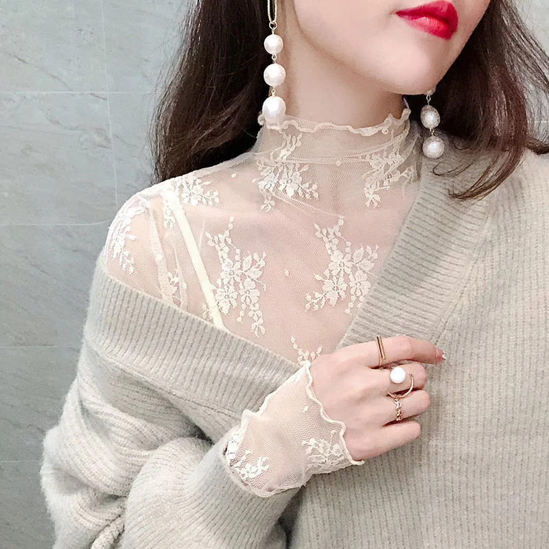 Women Half High Collar Net Screen Sun Proof T-shirt Lace Ear Edge247_voghion.com