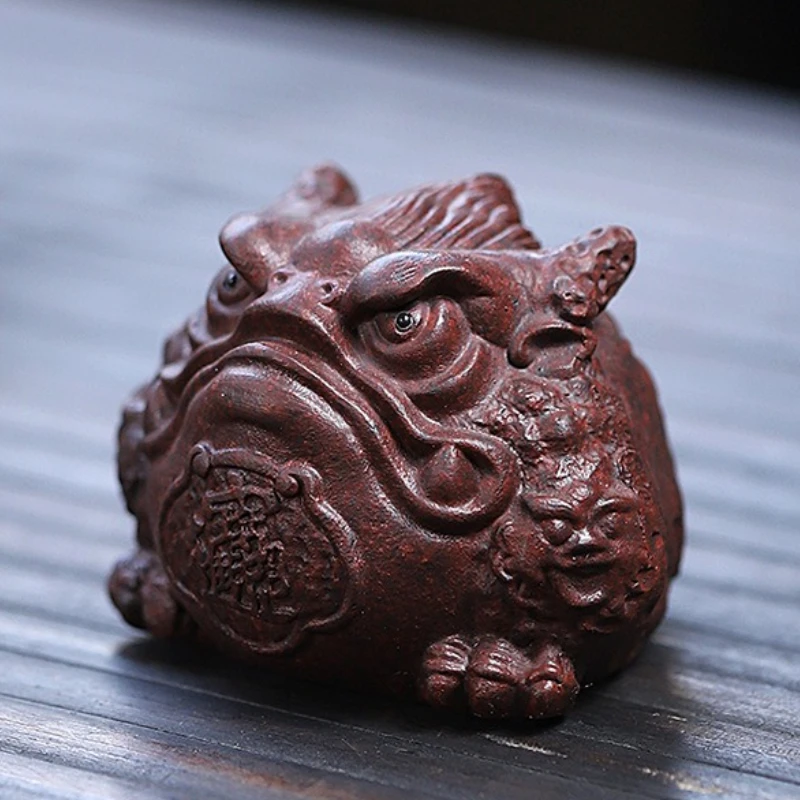 Handmade Yixing Purple Clay Tea Pet - Lucky Dragon Toad, Iron-Red Sand, Glossy Finish, Wealth Attracting, Authentic Teaware
