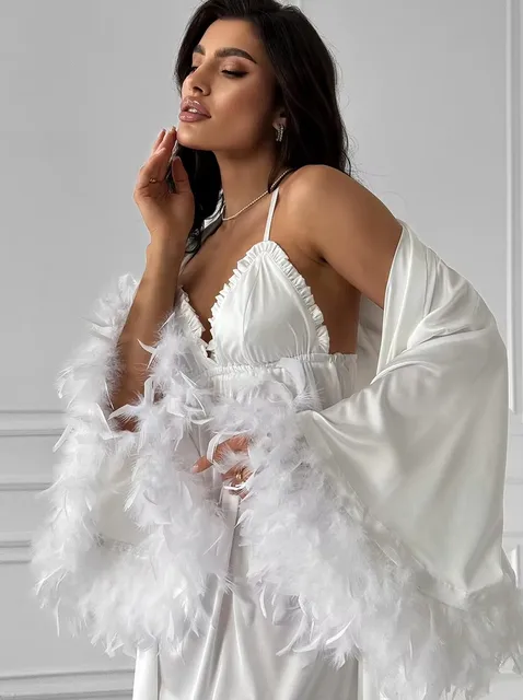 Robe de mariée élégante en plumes pour femme, kimono, peignoir, robe de chambre sexy en rayonne, nouvelle collection d'été, vêtements de nuit, lingerie