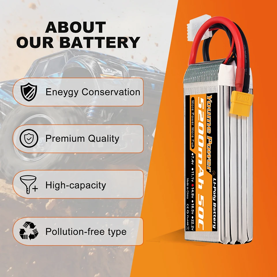 Batterie LiPo 4S 5200mAh 14.8V XT60/XT90 pour RC Drone Voiture
